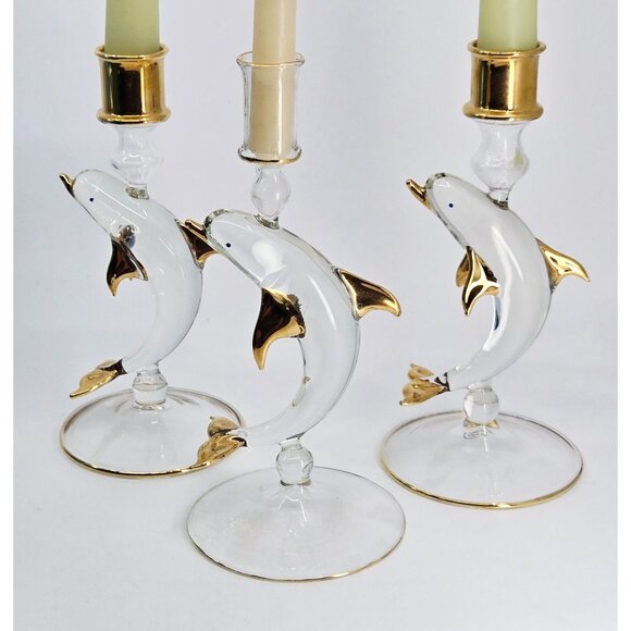 Set Of 3 Handcrafted Dolphin Glass Candle Holders With Gold Accents - Picture 2 of 8
